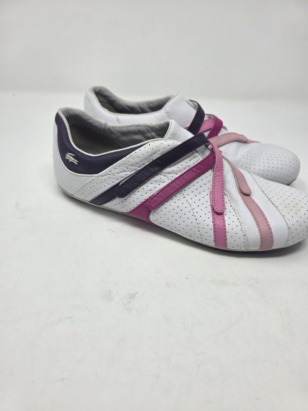 Lacoste Women’s White Leather Sneakers with Pink & Purple Accents